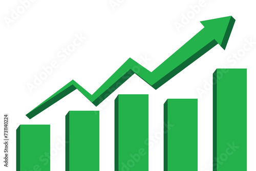 Business growth icon with bar graph. Growing business 3d green arrow on white.   Bar graph with arrow. Profit  arow Vector illustration. Business concept, growing chart.