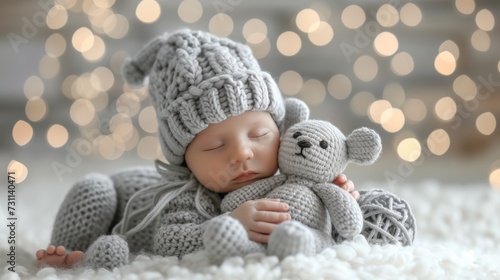 Adorable sleeping newborn baby with cute plush toy on white bed copy space for text