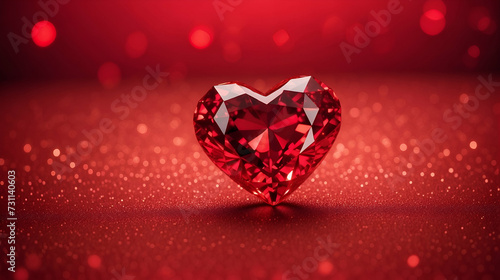red heart shaped diamond on glitter red background empty space