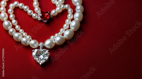 red heart shaped diamond and pearls on glitter red background empty space 