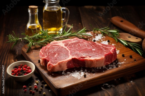 fresh raw steak on a wooden board with rosemary and spices ready for grilling