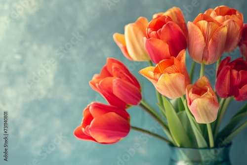 red and orange tulips in a vase on a blue background Generative AI