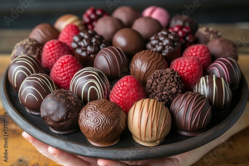 Indulge in a decadent treat as a plate of rich chocolate bonbons, infused with sweet raspberries and luscious truffles, awaits you in the cozy indoor setting