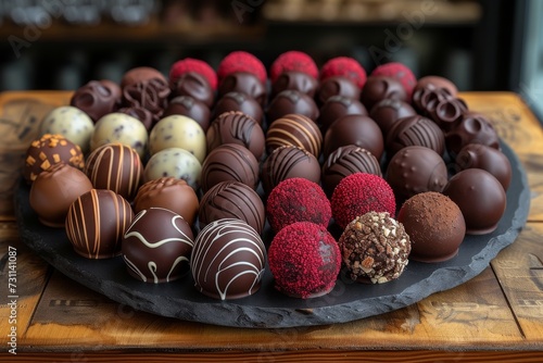 A decadent spread of assorted confectionery, from rich chocolate truffles to delicate honmei choco, awaits on a table, tempting with its sweetness and indulgent charm photo