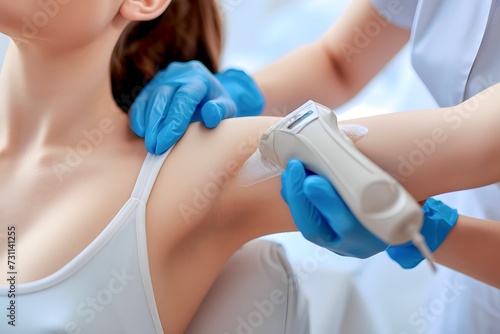Woman receiving laser body hair removal treatment for underarm hair removal