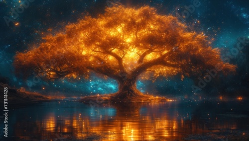 A large living tree emits dramatic sparkling light energy with fireflies in the area beside a flowing river, great for background, business, wallpaper, inspiration etc. Generative Ai photo