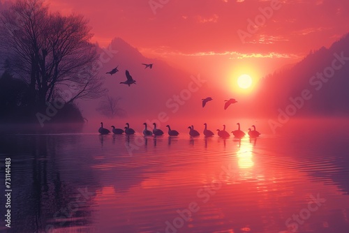 As the fog rolls in over the serene lake, a group of geese glide gracefully through the mist, their reflections dancing on the tranquil water as the sun sets behind the majestic mountains