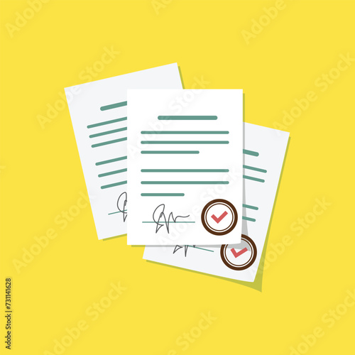 Vector illustration of a stack of contract documents on a yellow background with signatures and seals. Legal documents of contracts, concept of working with business papers in business and life.