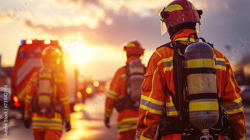 Group of firemen walking back to their vehicle after emergency response.