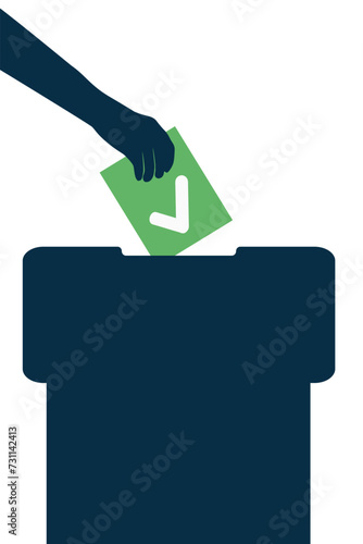 Human hand putting vote bulletin into ballot box, silhouette. Election day. Vector illustration