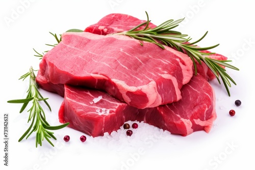 Pieces of raw roast beef meat isolated on white background. Raw meat, cut into pieces photo
