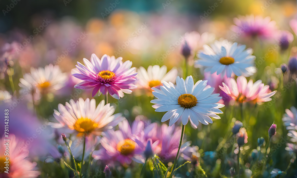 Sunny spring field: Vibrant flowers under the sun Sunny spring field: Vibrant flowers under the sun