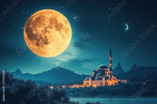 Ramadan kareem Background with mosque, perfect for a Ramadan-themed backdrop. Islamic greeting card template with Ramadan for wallpaper design
