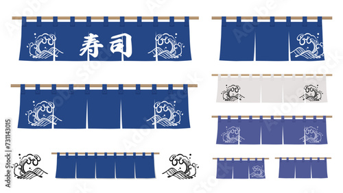 のれんのイラスト素材セット_和風の波の背景