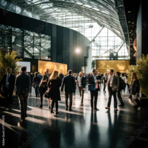 Blurry view with bokeh of a camera. Bussiness people walking in a conference hall. Background for finance, bussiness concepts.