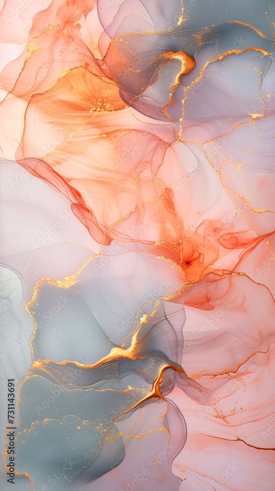 Obraz premium An abstract background in alcohol ink painting technique, mixture of peachy, orange, pink and light grey colors, with glowing golden veins and splashes. Fluid painting, luxury abstract, dreamy design