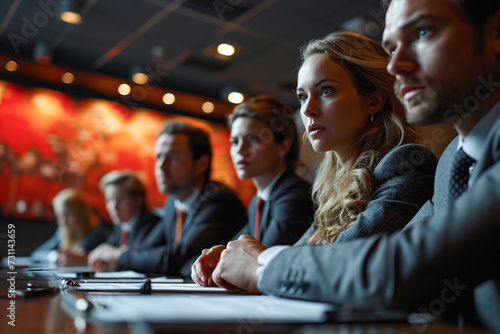 A focused group of business professionals attentively listening in a corporate meeting environment