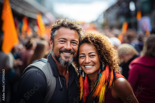 A cheerful couple with warm smiles celebrating together at a vibrant outdoor festival © ImagineStock