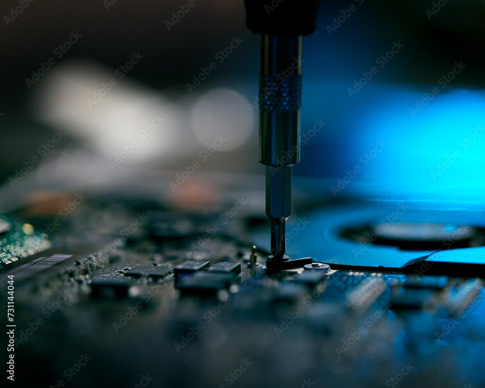 Close Up Of Electronics Expert Repairing Laptop In Workshop Using Screwdriver With Low Key Lighting