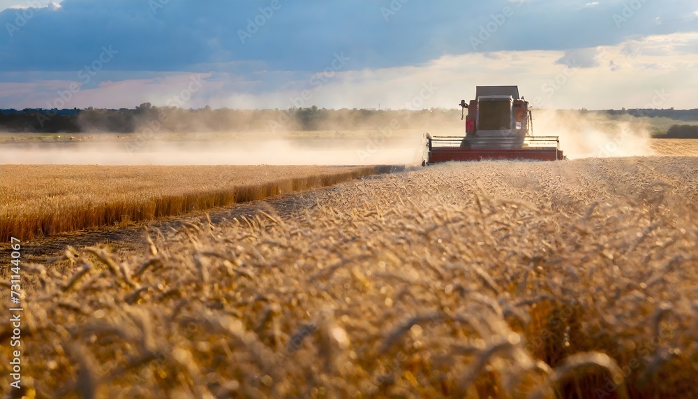 Fototapeta premium Large agricultural cereal field. In the distance a farm machine is reaping, raising a lot of dust.