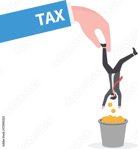Tax hike, government increase tax or steal money from people, debt or loan interest to pay off. greed businessman hold small people shaking to get all their money


