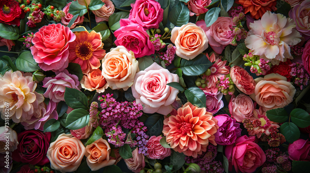 Illustration of colorful flowers bouquet background decorative design.