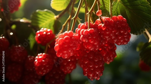 Ripe red raspberries on a branch close-up.