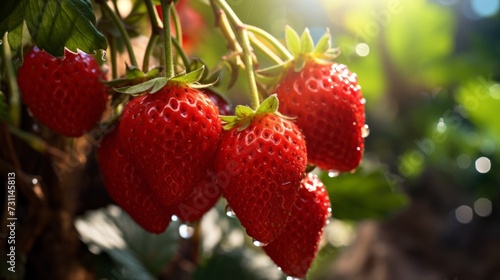 Ripe strawberries on a branch in the garden. Selective focus.