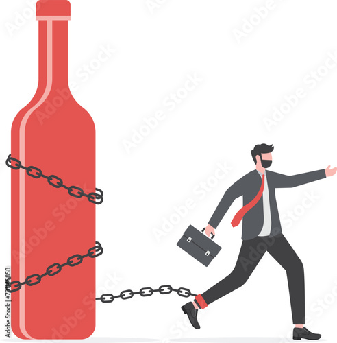 Alcohol addiction, Businessmen chained to alcohol bottle. Unhappy alcohol addict suffering from withdrawal syndrome feeling depressed

