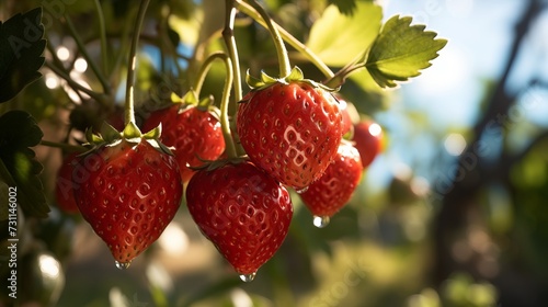 Strawberries on a branch of a strawberry tree in the garden
