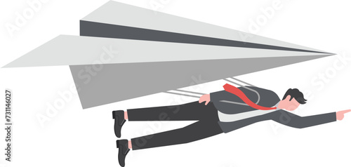 Confident businessman leader on flying high paper planes. visionary to look forward in business concept

