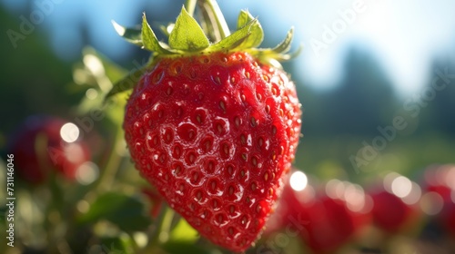 Strawberry growing on a branch in the garden. Close-up.