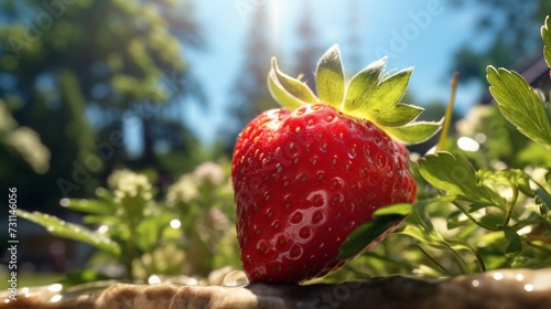 Strawberry fruit on a branch with green leaves in the garden