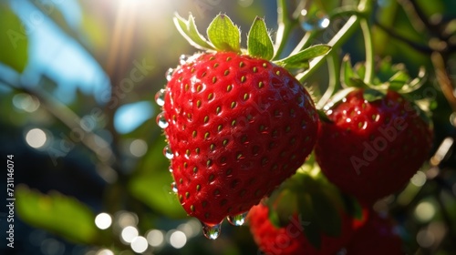 Strawberries on a branch in the garden, close-up