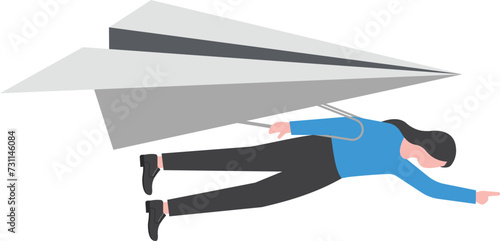 Confidence business woman leader on flying high paper plane. Visionary to look forward in business concept

