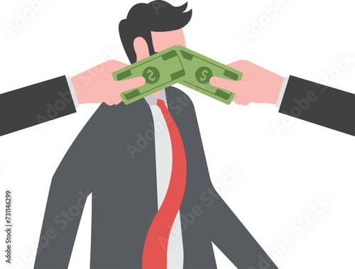 Lobbyist corruption. Hand with dollar bill covering businessmen mouth

