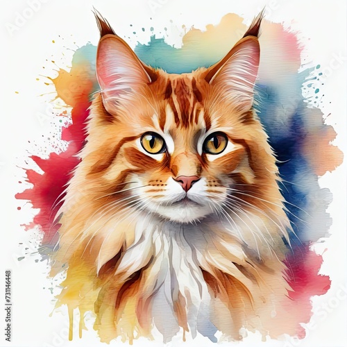 Watercolor red tabby norwegian forest cat with watercolor splashes