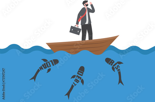 Vision and risk. Business woman standing on a boat looking for opportunities through binoculars

