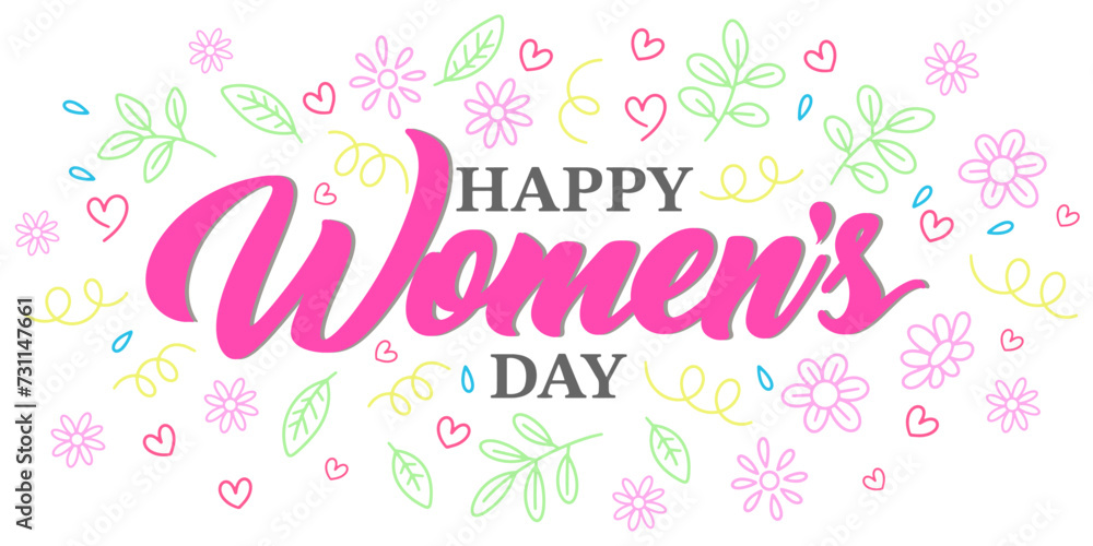 Happy Women's Day greeting card template with hand lettering . Vector illustration.