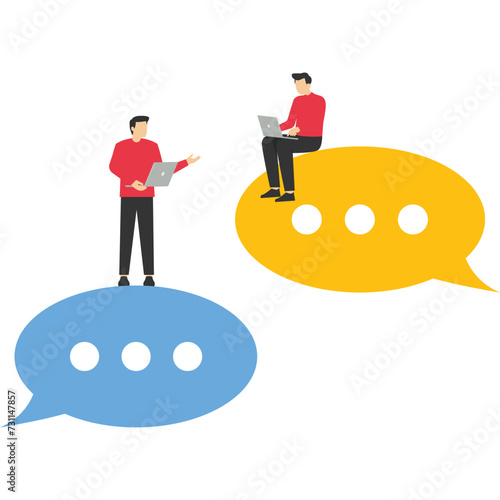 communicate on social networks. Chatting for ideas, problem solving, People sitting in speech bubbles for dialogue, comments and replies. Businessman using phone and laptop for texting.