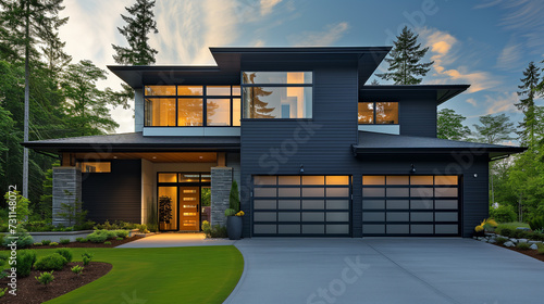 Exterior front facade new modern home exterior with garage door, residential architecture photo
