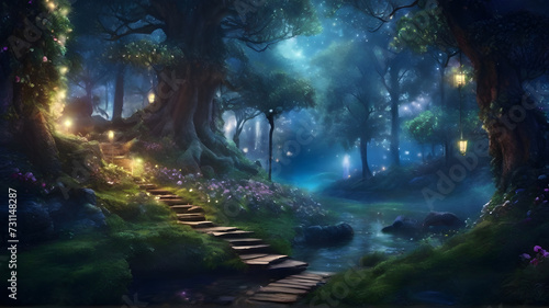 Magical fantasy fairy tale scenery, night in a forest © Hanna Ohnivenko