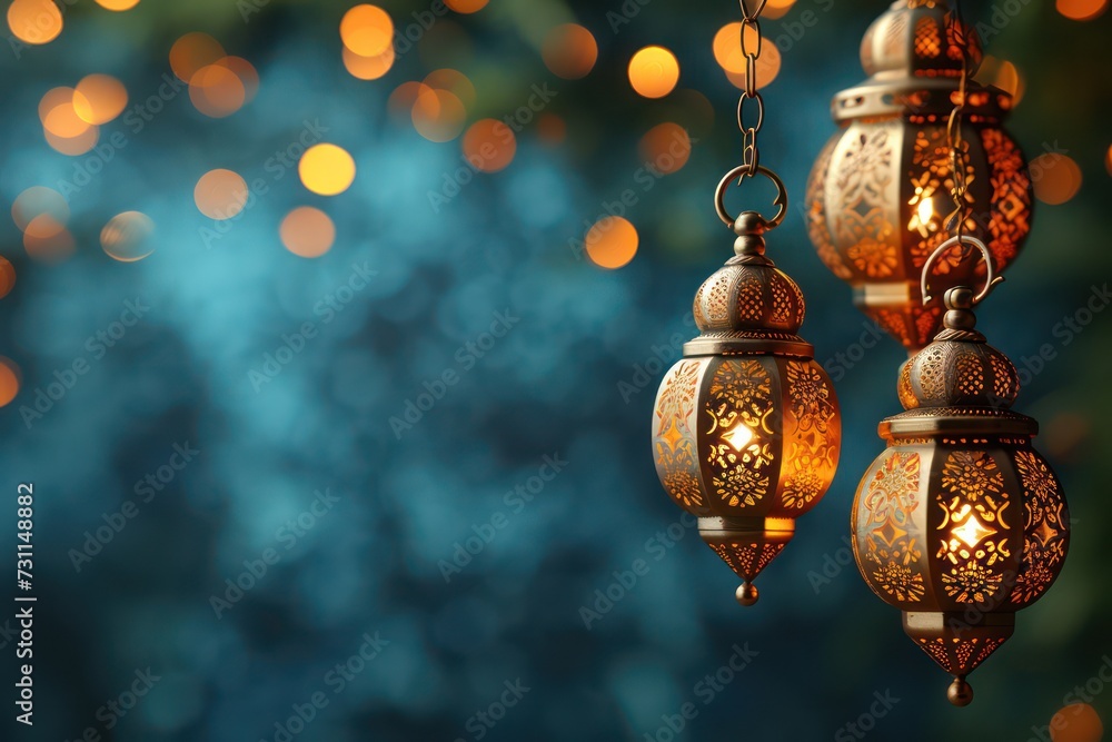 Background of calming lanterns, perfect for a Ramadan-themed backdrop. Islamic greeting card template with Ramadan for wallpaper design Background of calming lanterns, perfect for a Ramadan-themed backdrop. Islamic greeting card template with Ramadan for wallpaper design