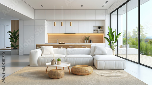 Minimal yet very functional contemporary interior design decor. White and tan accents. © Jammy Jean