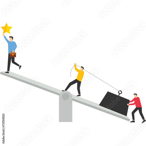 business team on a swing and exceed them, teamwork to get stars from the sky, achieve success, flat vector illustration on white background.