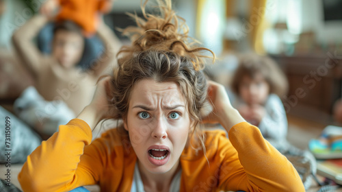 Parenting stress. Mom of two kids going crazy while kids misbehave in the back.