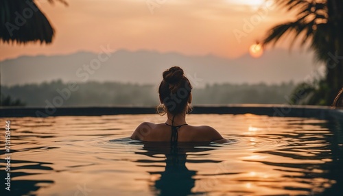 Portrait of woman in infinity pool in Bali, sunset view