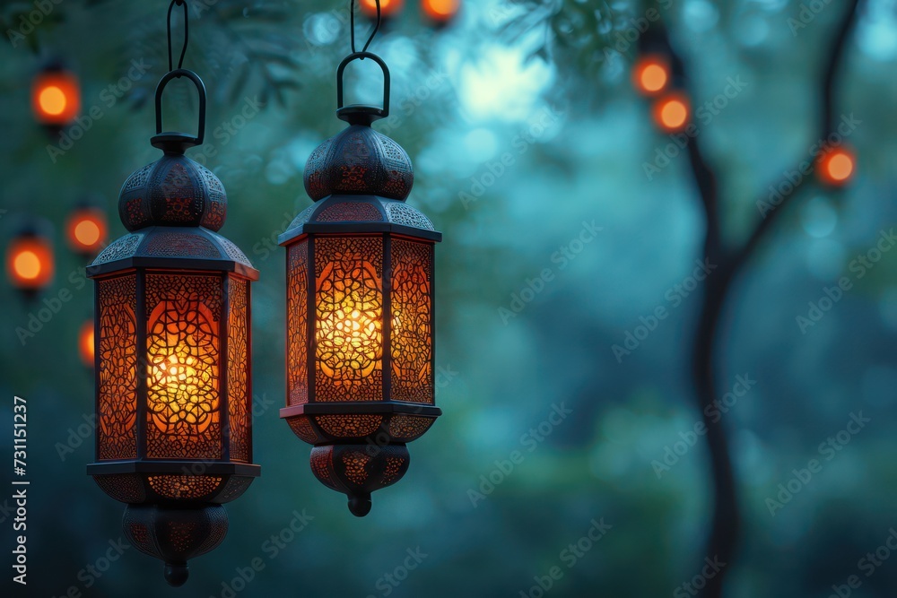 Background of calming lanterns, perfect for a Ramadan-themed backdrop. Islamic greeting card template with Ramadan for wallpaper design Background of calming lanterns, perfect for a Ramadan-themed backdrop. Islamic greeting card template with Ramadan for wallpaper design