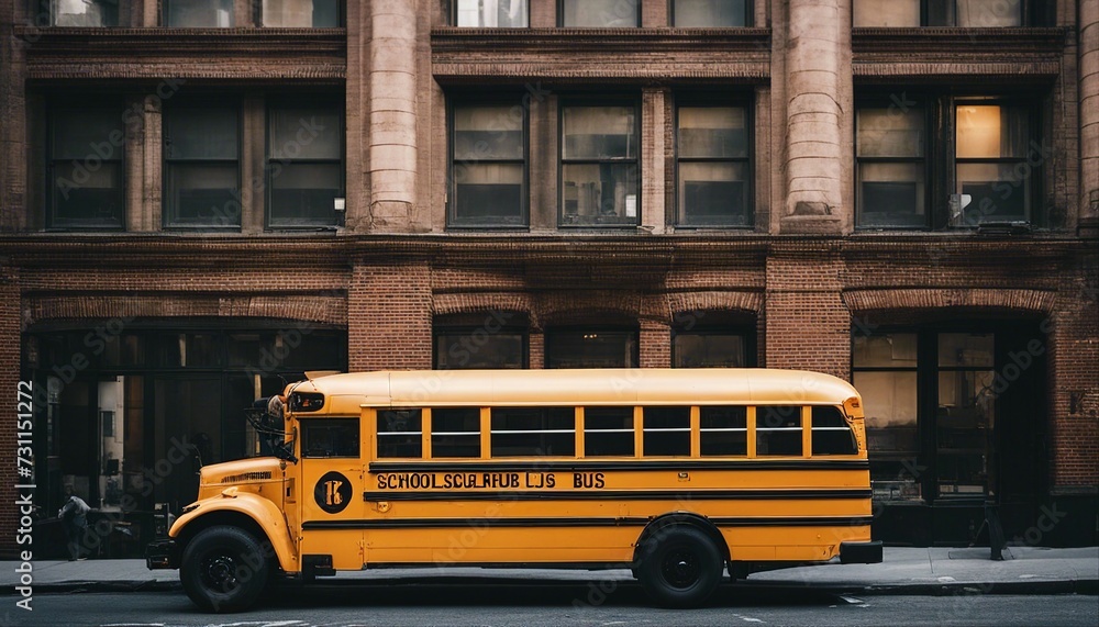 School bus outside brick building in Manhattan
