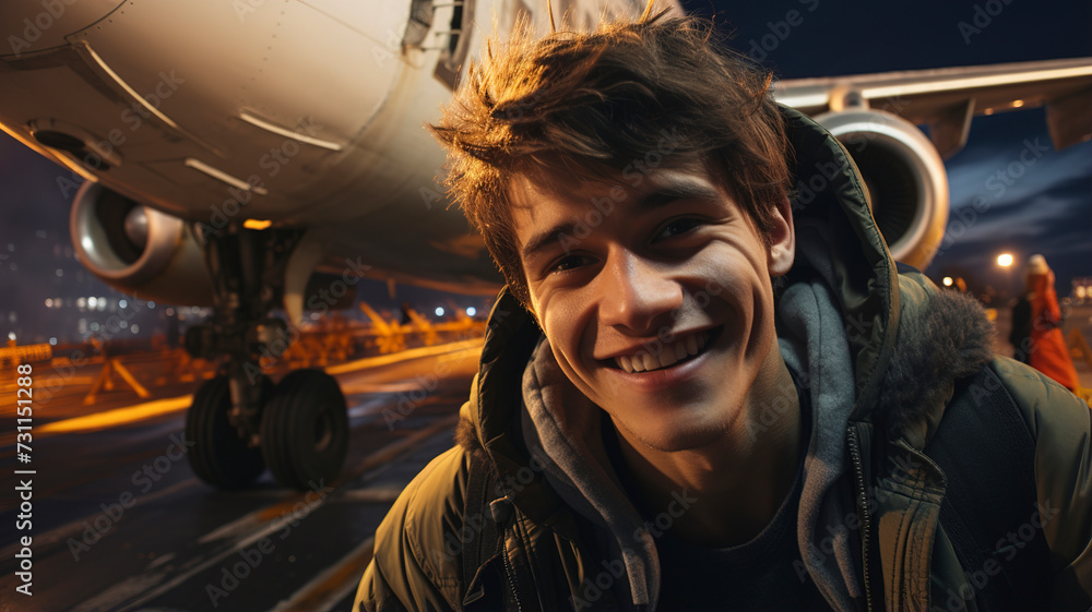 Young man blogger tourist near the plane at the airport. Man blogger traveler near the plane. Enjoying travel. Happy flight and airplane travel concept.